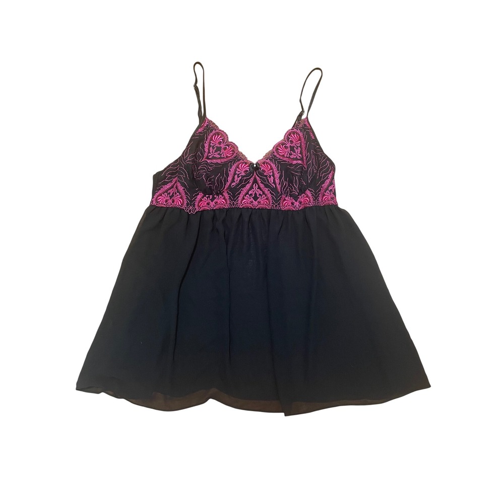 Vintage Camisole Black Pink Floral Embroidered Lace Babydoll Top XL